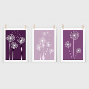 Set of 3 Lilac Dandelion art, purple wall art, purple living room prints, dandelion wall art, lilac Wall Art, dandelion decor, Lilac prints image 2
