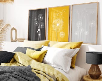 Mustard Yellow Dandelion Print Set: Modern Botanical Wall Art