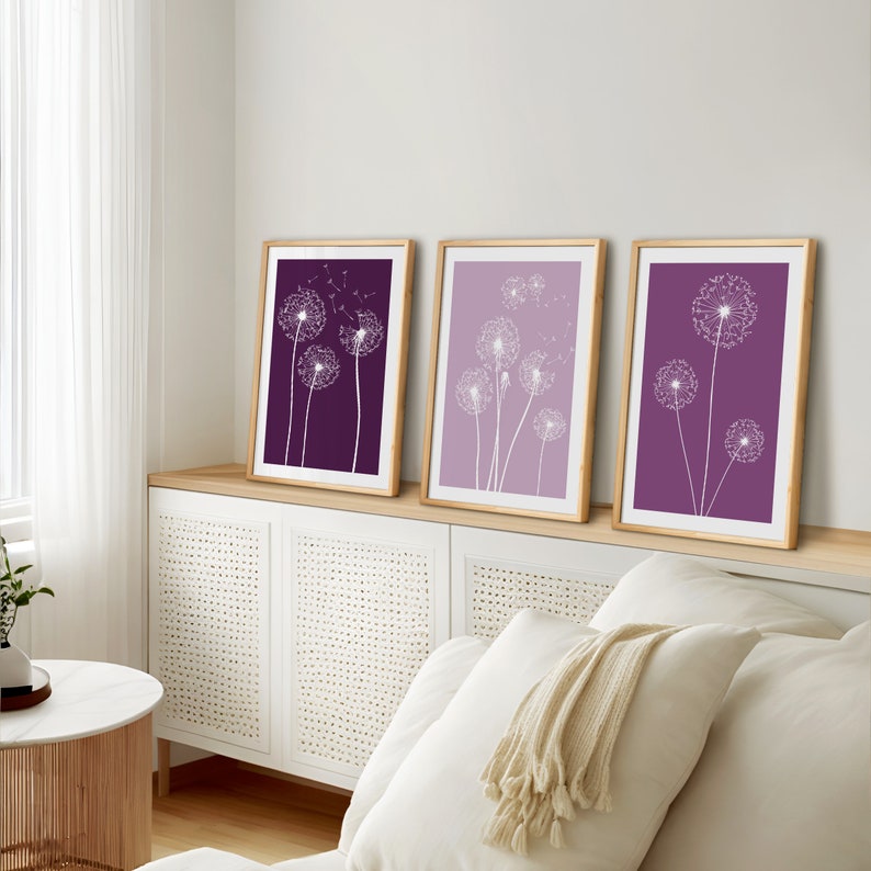 Set of 3 Lilac Dandelion art, purple wall art, purple living room prints, dandelion wall art, lilac Wall Art, dandelion decor, Lilac prints image 3