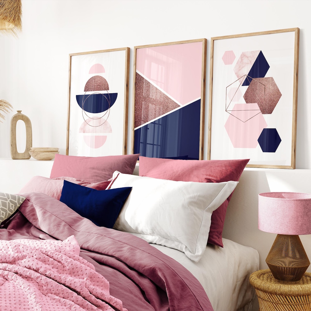 Navy Pink Wall Art Blue Pink Geometric Prints navy Blush Print Pink and Navy Print Navy Pink Wall Decor Set of 3 Wall Prints Etsy