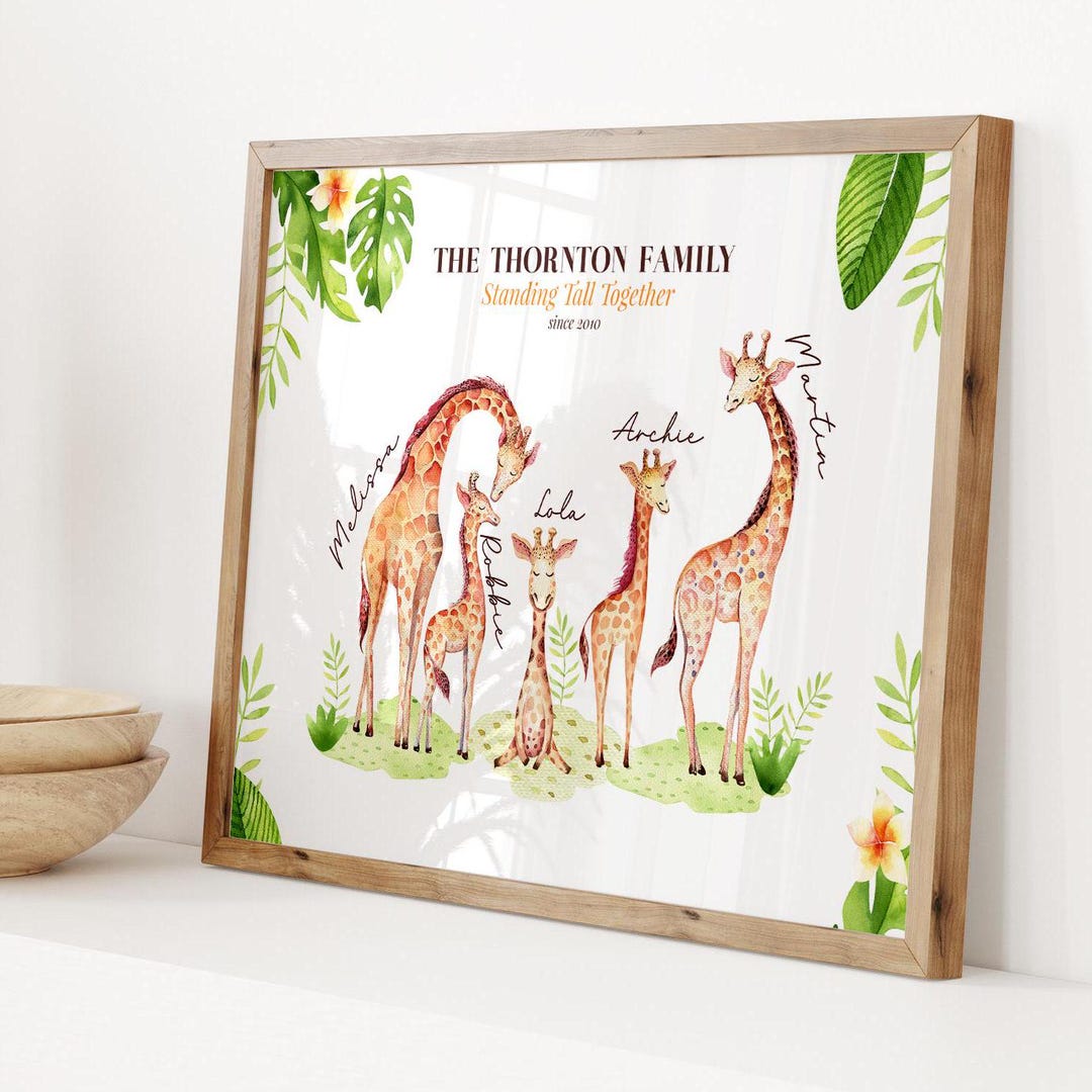 Personalised Giraffe Family Print, Family Print With Names, Giraffe ...