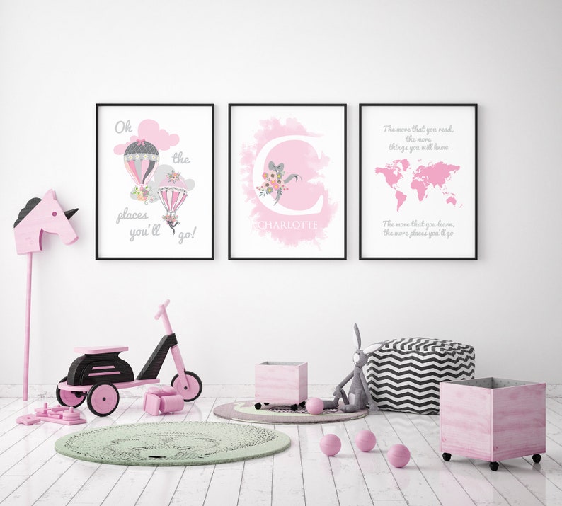 Oh The Places You Ll Go Pink Nursery Prints Hot Air Balloon Art Grey Decor E