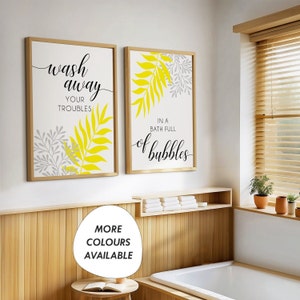 2pc Yellow Bathroom Wash away your troubles, yellow bathroom prints, tropical bathroom wall decor, yellow wall art, yellow and grey prints