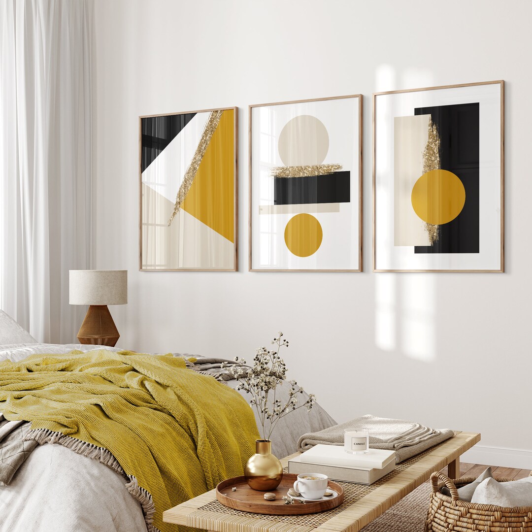 3pc Mustard Wall Art, Black and Gold Wall Art, Mustard Gold Beige Black