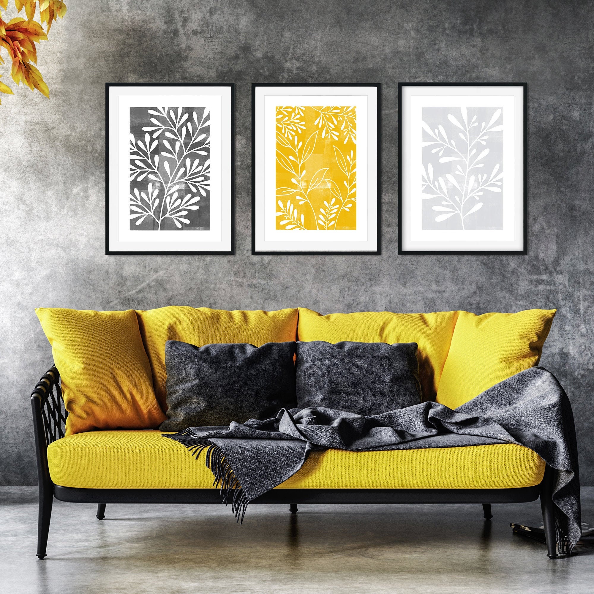 CHEVVY Giallo E Blu Geometrico Tela Quadri Natura Sole Foglia Poster Stampe Astratto Moderni Parete Arte Quadro Soggiorno Stanza Casa Decorazioni 40x60cmx3 Senza Cornice - Foto 3