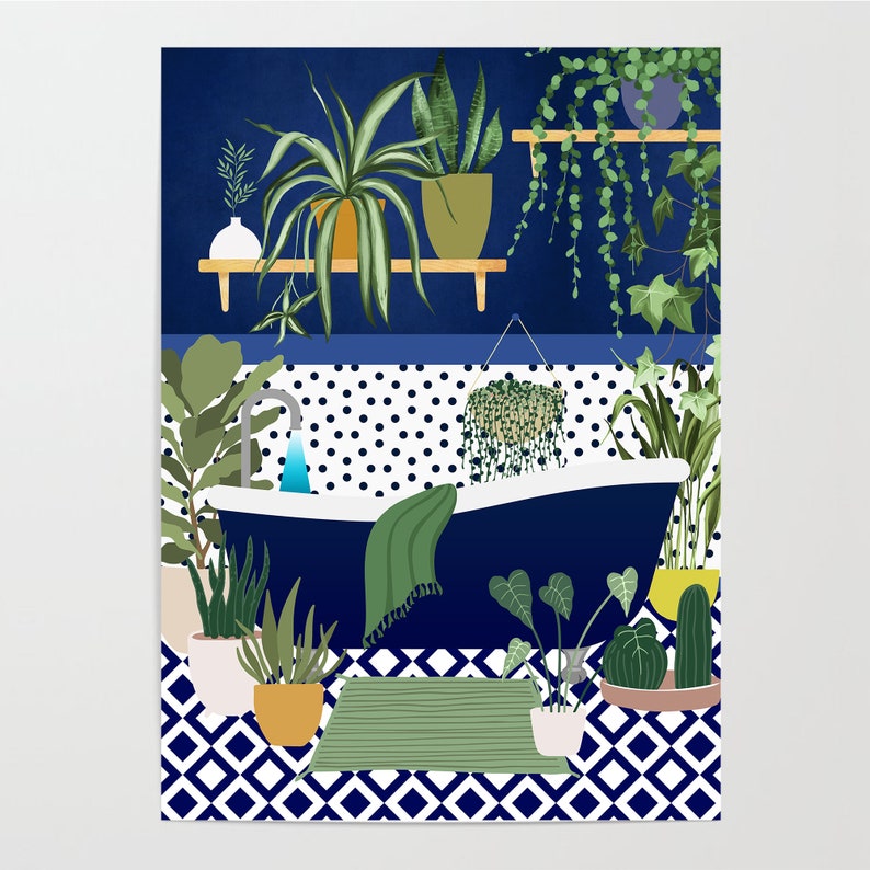 Blue Bathroom Plant Prints Blue Bathroom Decor Blue Bathroom | Etsy