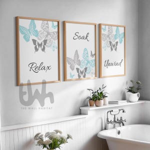 Bathroom Wall Art Set of 3, Relax Soak Unwind Prints | Teal and Grey Wall Art | Spa Bathroom Prints | Bathroom Quotes Modern Bathroom Decor