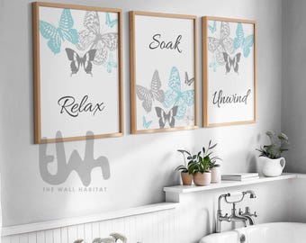 Teal Butterfly Bathroom Art: Relax Soak Unwind Prints, Set of 3
