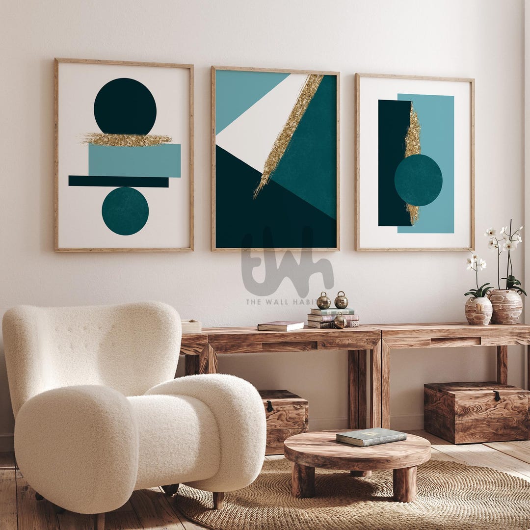 Teal and Gold Geometric Art Prints: Set of 3, Modern Wall Decor - Etsy