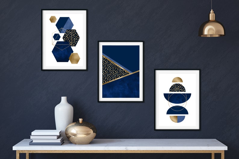 Set of 3 Navy Blue and Gold Wall Art Blue and gold wall art Etsy
