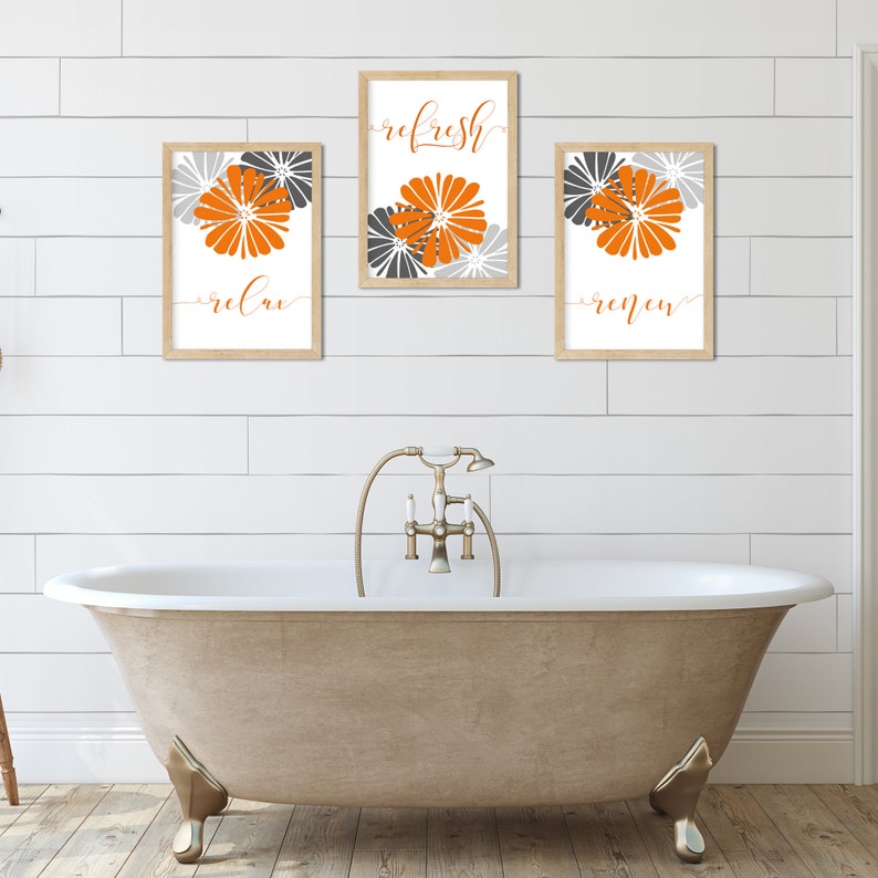 Set of 3 Orange and Grey Bathroom Prints Orange Bathroom Etsy UK