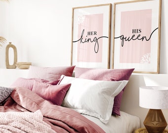 Blush Pink Bedroom Prints: Her King, His Queen - Romantic Couple Wall Art