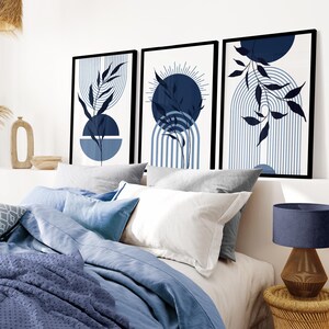 Set of 3 Navy Blue Wall Art, Blue Bedroom Wall Art, Mid Century Wall ...
