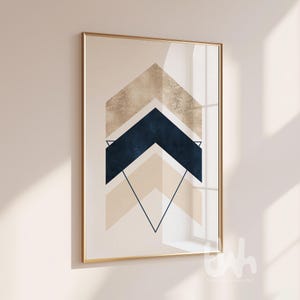Navy Blue and Beige Chevron Wall Art Print – Modern Abstract Geometric Poster for Living Room, Minimalist Navy Gold Art, Contemporary Decor