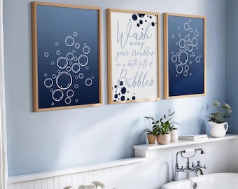 Set of 3 Blue Bathroom Wall Art – "Wash Away Your Troubles" Bath Quote Prints | Water Bubble Prints | Spa Relaxation Poster Set
