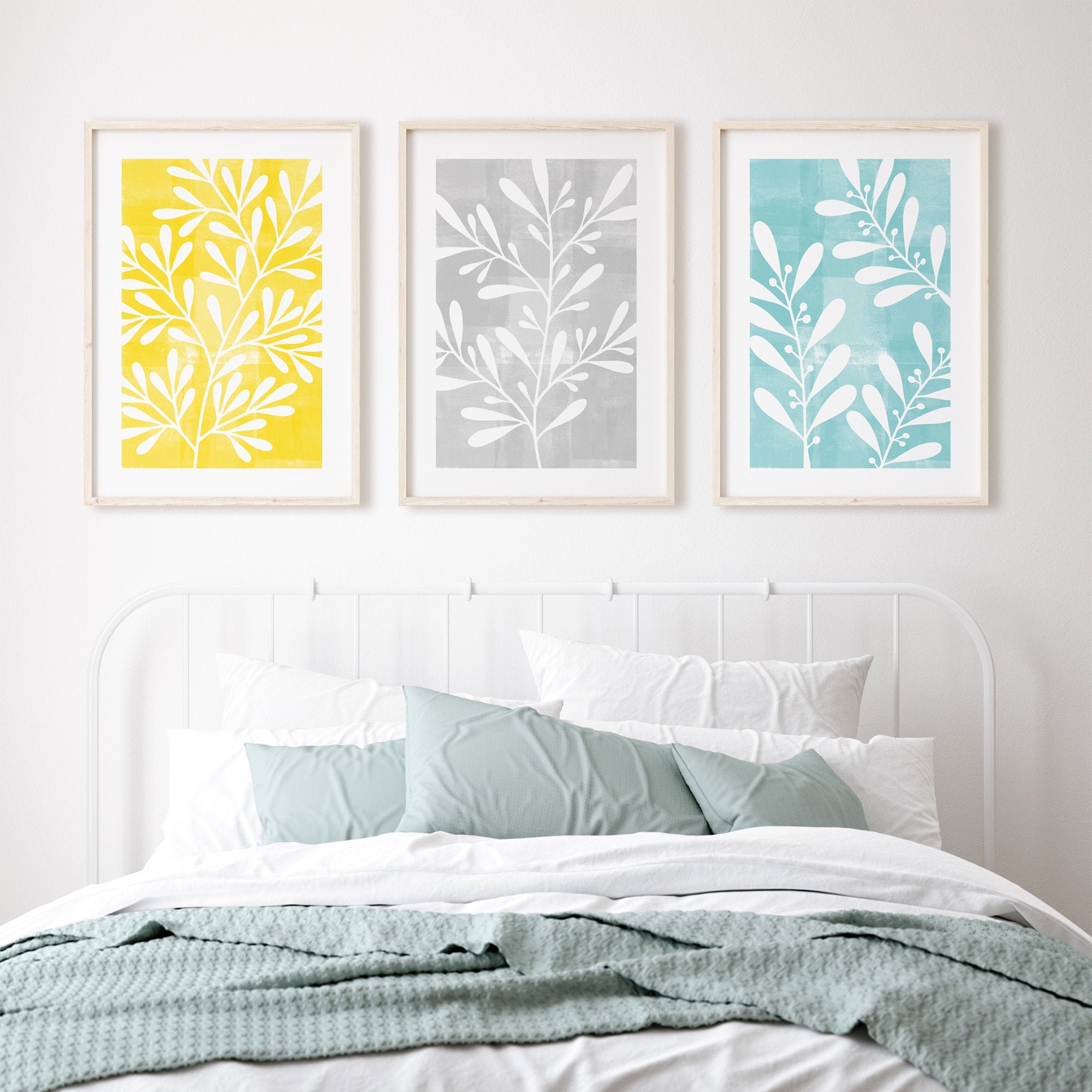 3pc Teal and Yellow leaf prints teal yellow wall art teal | Etsy