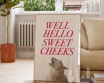 Funny Bathroom Art Print: Hello Sweet Cheeks Quote, Pink Decor
