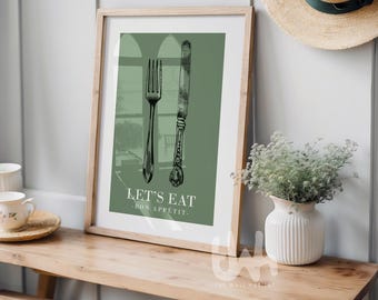 Sage Green Kitchen Art, Let's Eat Kitchen Sign, Sage Green Modern Kitchen cute kitchen print gifts, dining room print, food and drink prints