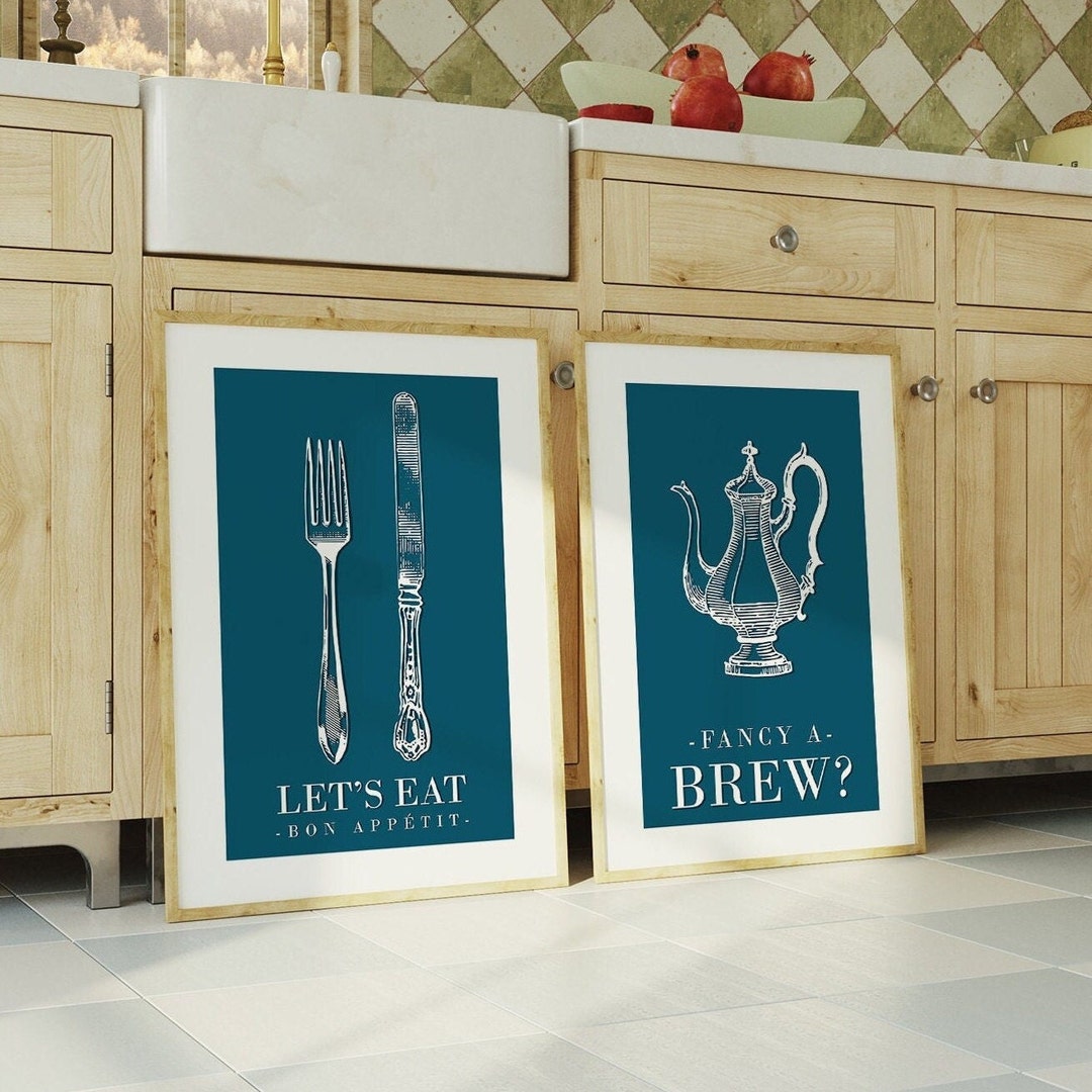 Set of 2 Teal Kitchen Wall Art, Teal Kitchen Decor, Teal Home Decor