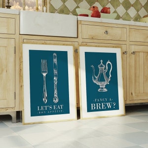 Lot de 2 oeuvres d'art murales de cuisine bleu sarcelle, décoration de cuisine bleu sarcelle, décoration d'intérieur bleu sarcelle, impressions de cuisine bleu sarcelle, art sarcelle, citations de cuisine, décoration murale de café