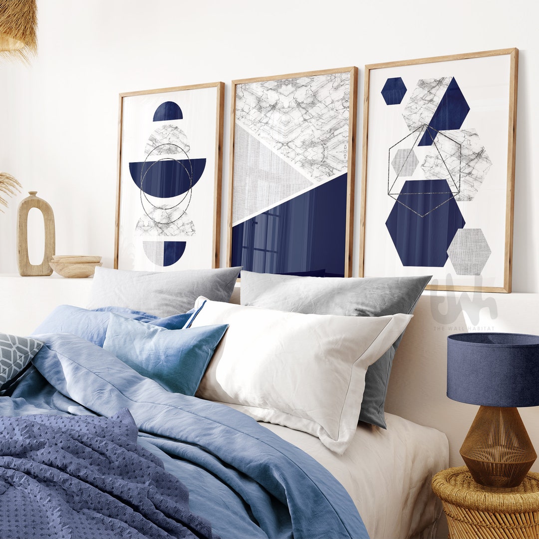 Blue and Grey Wall Art, Blue Living Room Decor, Geometric Abstract Art