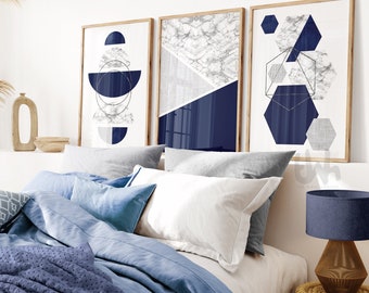 Blauwe en grijze muurkunst, blauwe woonkamerdecoratie, geometrisch abstracte kunst, blauwe en grijze muurdecoratie, marineblauwe muurkunst slaapkamer