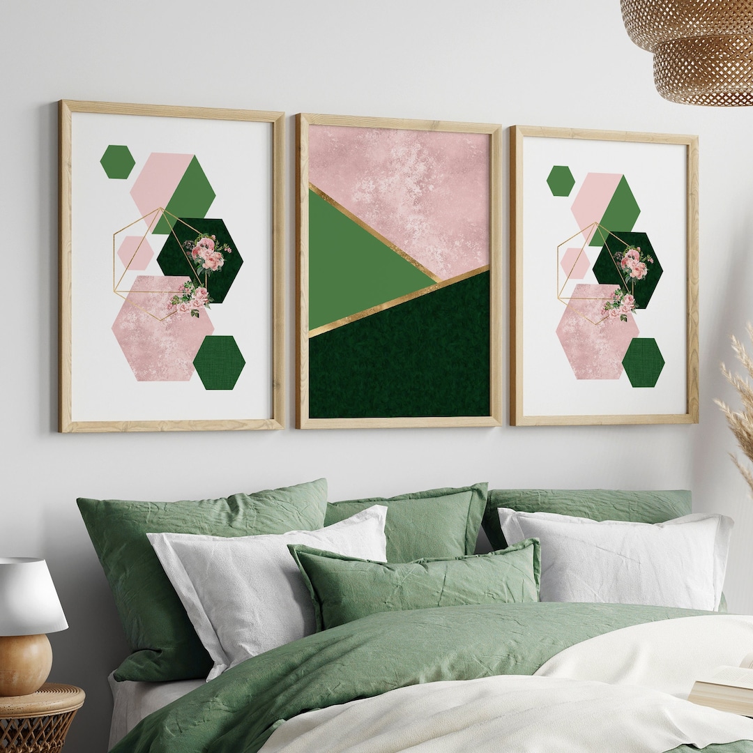 Set of 3 Pink, Green and Gold Wall Art Prints, Pink and Green Wall Art