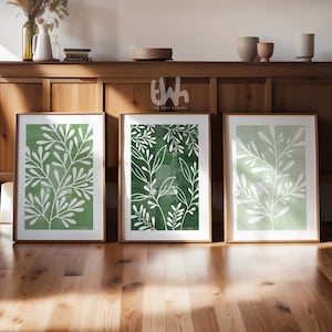 Set of 3 Green Botanical leaf wall art prints, green wall art, light green print, green and white art, green wall decor, green plant prints