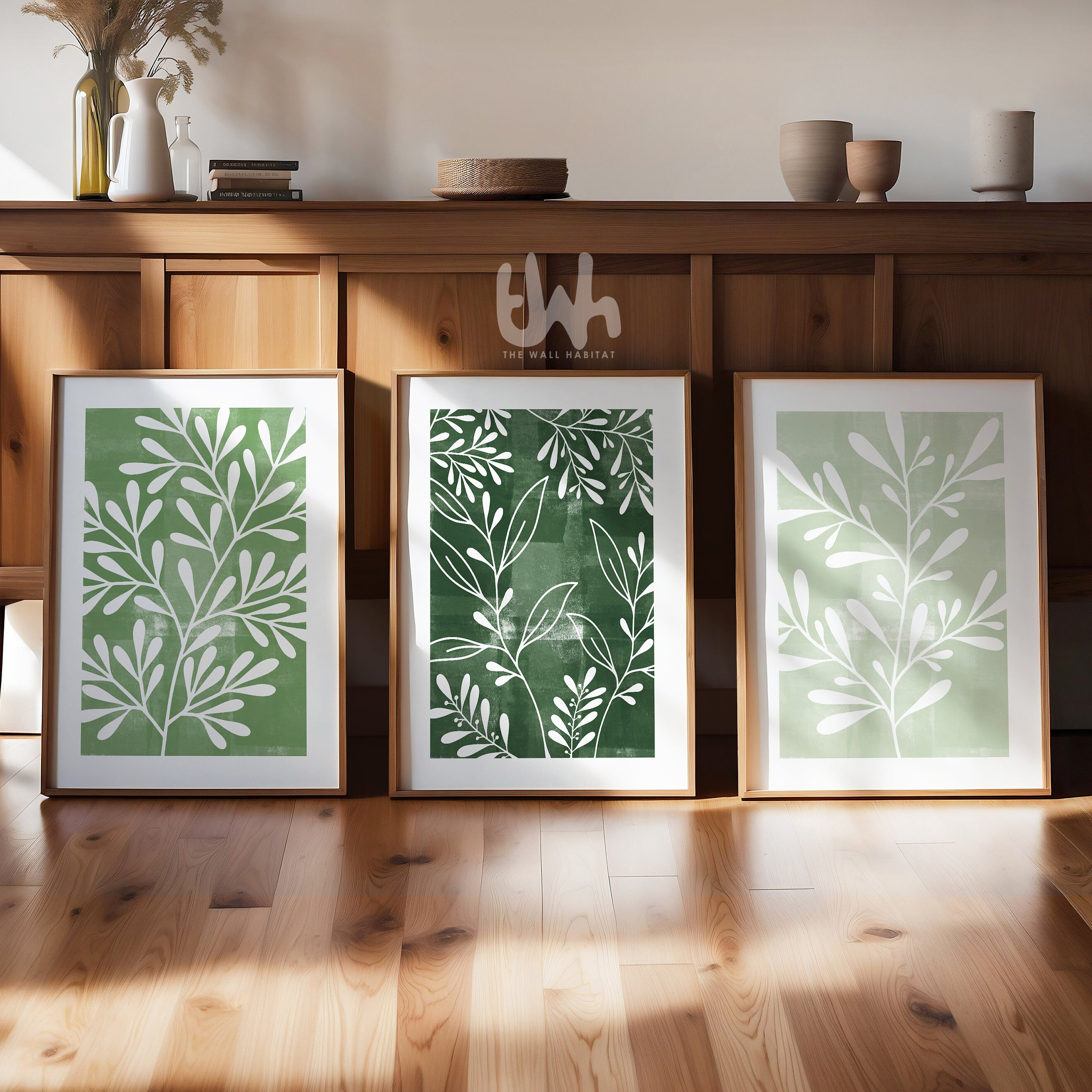 Set of 3 Green Botanical Leaf Prints | Green and White Wall Art ...