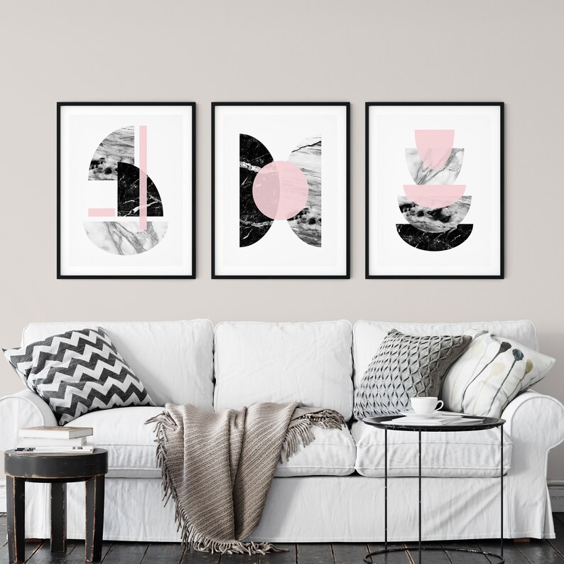 3pc pink and grey abstract prints Blush Pink Wall Art Pink Etsy