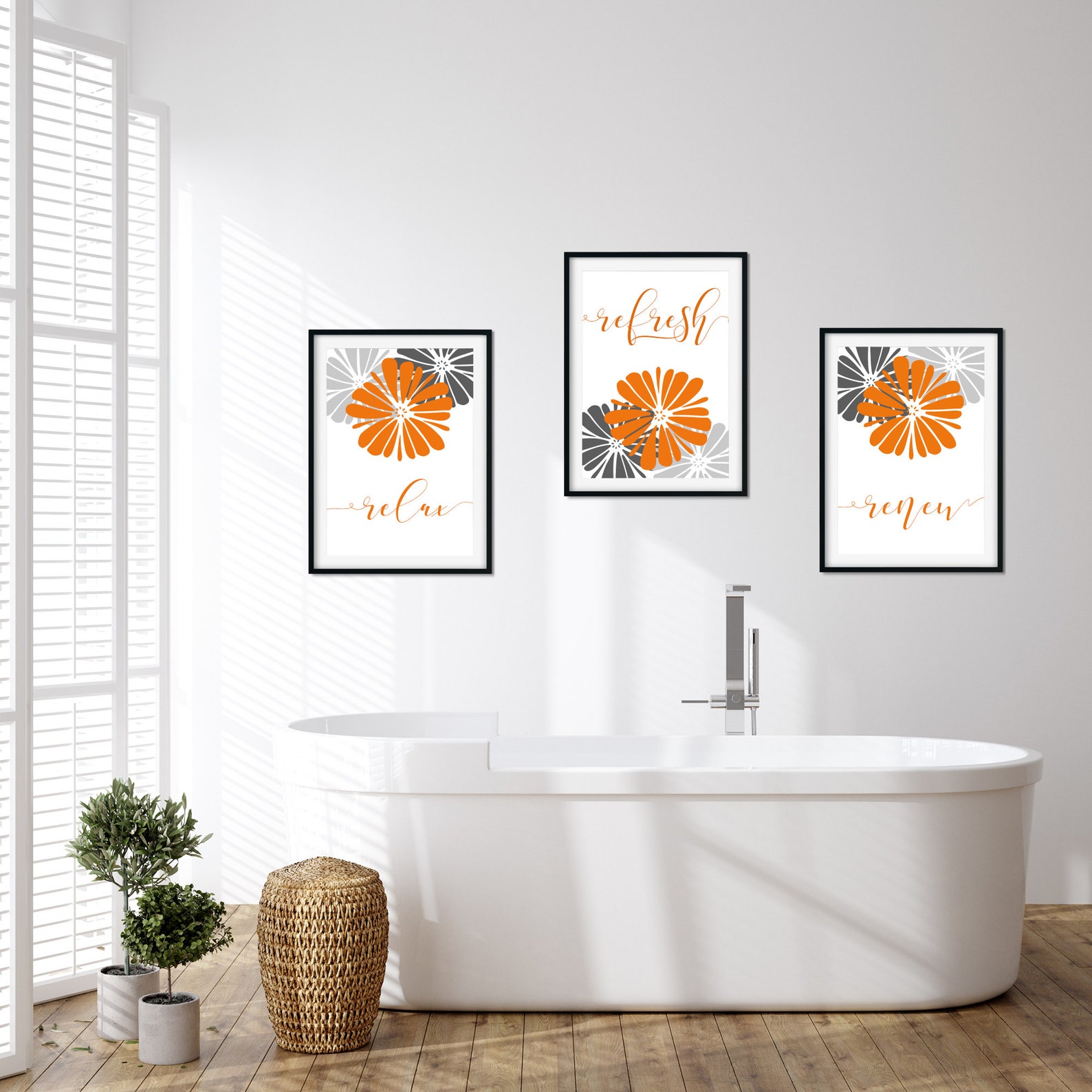 Set of 3 Orange and Grey Bathroom Prints Orange Bathroom Etsy UK