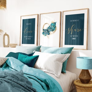 Set of 3 Teal and Gold Bedroom Prints, Teal and Gold Wall Art, teal bedroom art, bedroom wall art, bedroom wall decor, bedroom print set