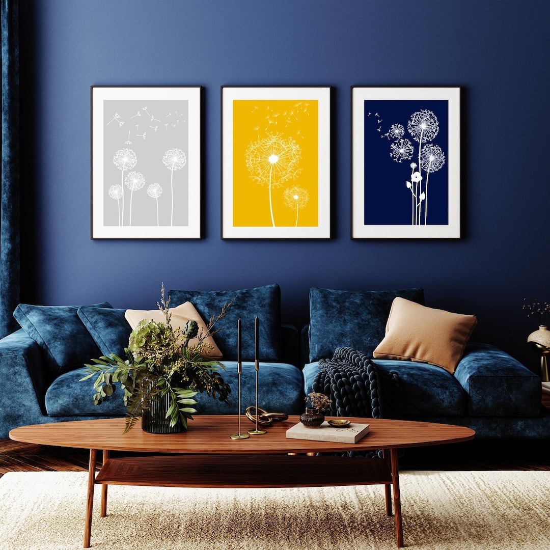 3pc Blue and Yellow Dandelion Prints, Blue Wall Art, Blue and Yellow