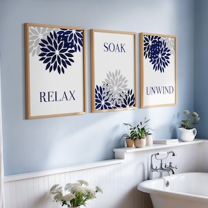 Set of 3 Blue and Grey Bathroom Prints, blue and grey bathroom decor, blue wall art, bathroom print, blue bathroom quotes, blue bathroom art