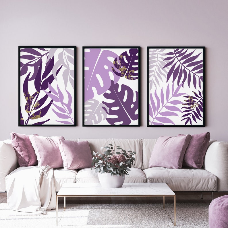 3pc Purple and Gold Leaf Art Purple Wall Art Purple Bedroom Etsy UK