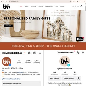 以下が含まれることがあります： 「The Wall Habitat」という名前のビジネスのソーシャルメディアプロファイルを示すウェブサイトのスクリーンショットです。プロフィールには、スタイリッシュなフォントで「TWH」という文字が書かれたロゴが表示されています。プロフィールには、投稿数、フォロワー数、アカウントをフォローしている人の数に関する情報が含まれています。プロフィールには、ビジネスのウェブサイトへのリンクと、ビジネスの製品の説明も含まれており、製品は保育園の芸術作品と壁の芸術作品です。「Over 1200 Quality #wallart prints to choose from」というテキストが画像に表示されています。
