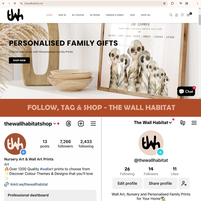 以下が含まれることがあります： 「The Wall Habitat」という名前のビジネスのソーシャルメディアプロファイルを示すウェブサイトのスクリーンショットです。プロフィールには、スタイリッシュなフォントで「TWH」という文字が書かれたロゴが表示されています。プロフィールには、投稿数、フォロワー数、アカウントをフォローしている人の数に関する情報が含まれています。プロフィールには、ビジネスのウェブサイトへのリンクと、ビジネスの製品の説明も含まれており、製品は保育園の芸術作品と壁の芸術作品です。「Over 1200 Quality #wallart prints to choose from」というテキストが画像に表示されています。