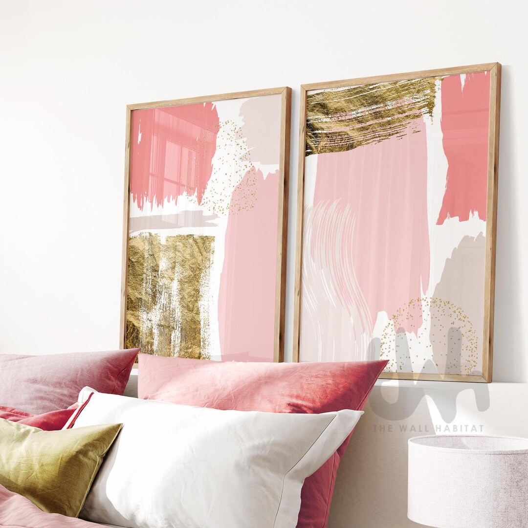 Coral Pink Abstract Wall Art Prints: Set of 2 Gold Decor - Etsy
