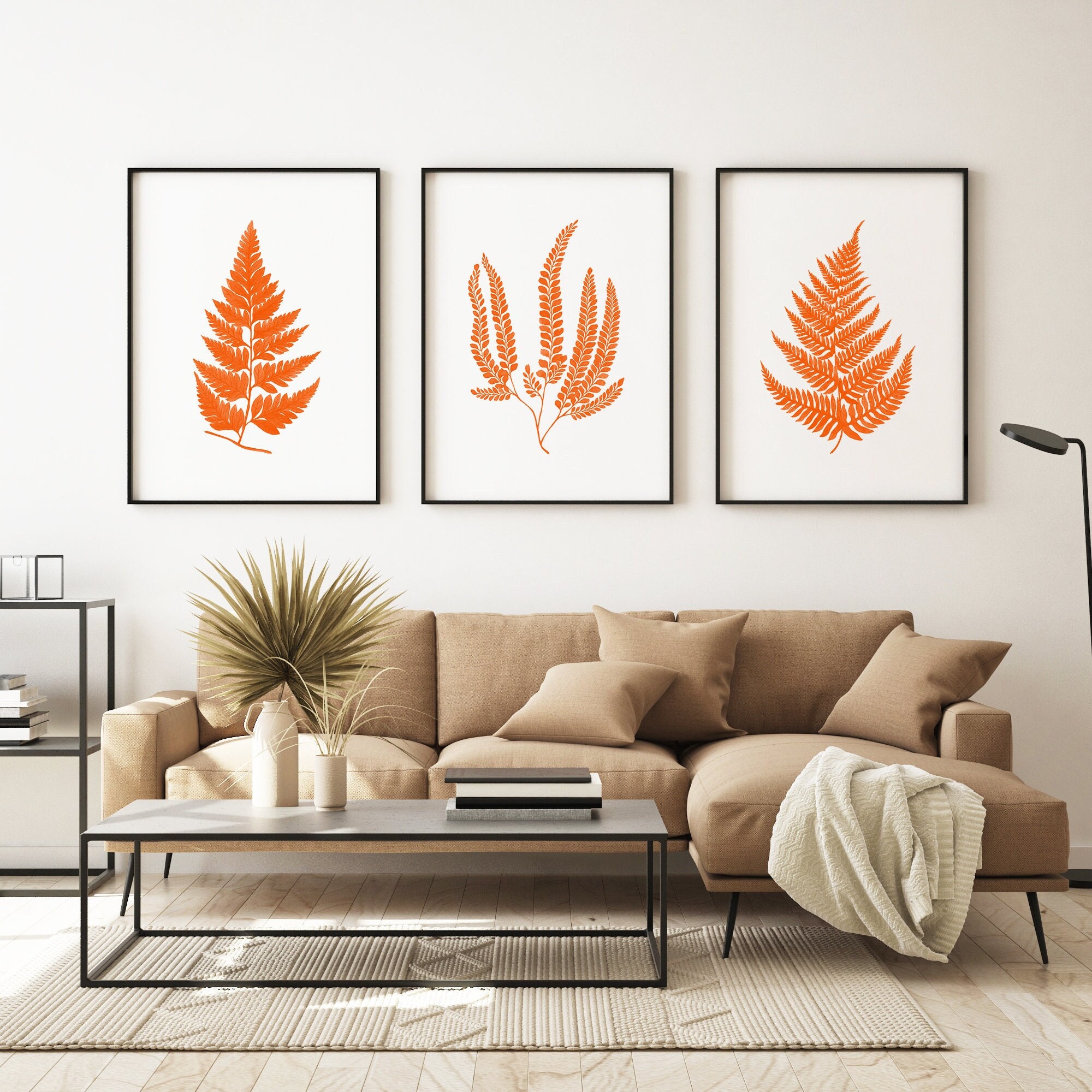3pc Burnt Orange Wall Art set Fern muurafdrukken Verbrande
