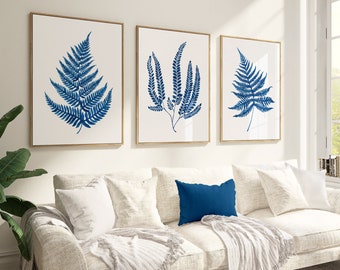 Set of 3 Blue Fern Wall Art Decor, Fern wall prints, Blue Prints, blue wall prints, Blue wall decor, Blue Living Room Prints, Blue Botanical