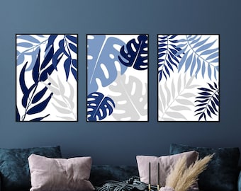Blue Leaf Print Set: Modern Botanical Wall Art