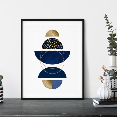 Navy Blue and Gold Wall Art Blue Geometric Printblue and Etsy