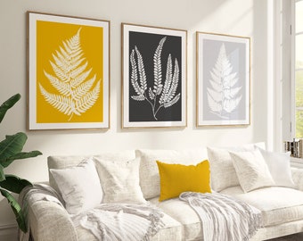 Set of 3 Mustard Yellow and Grey Leaf Prints, mustard wall art, mustard home decor, Botanical Wall prints, leaf print art, Yellow Wall Art