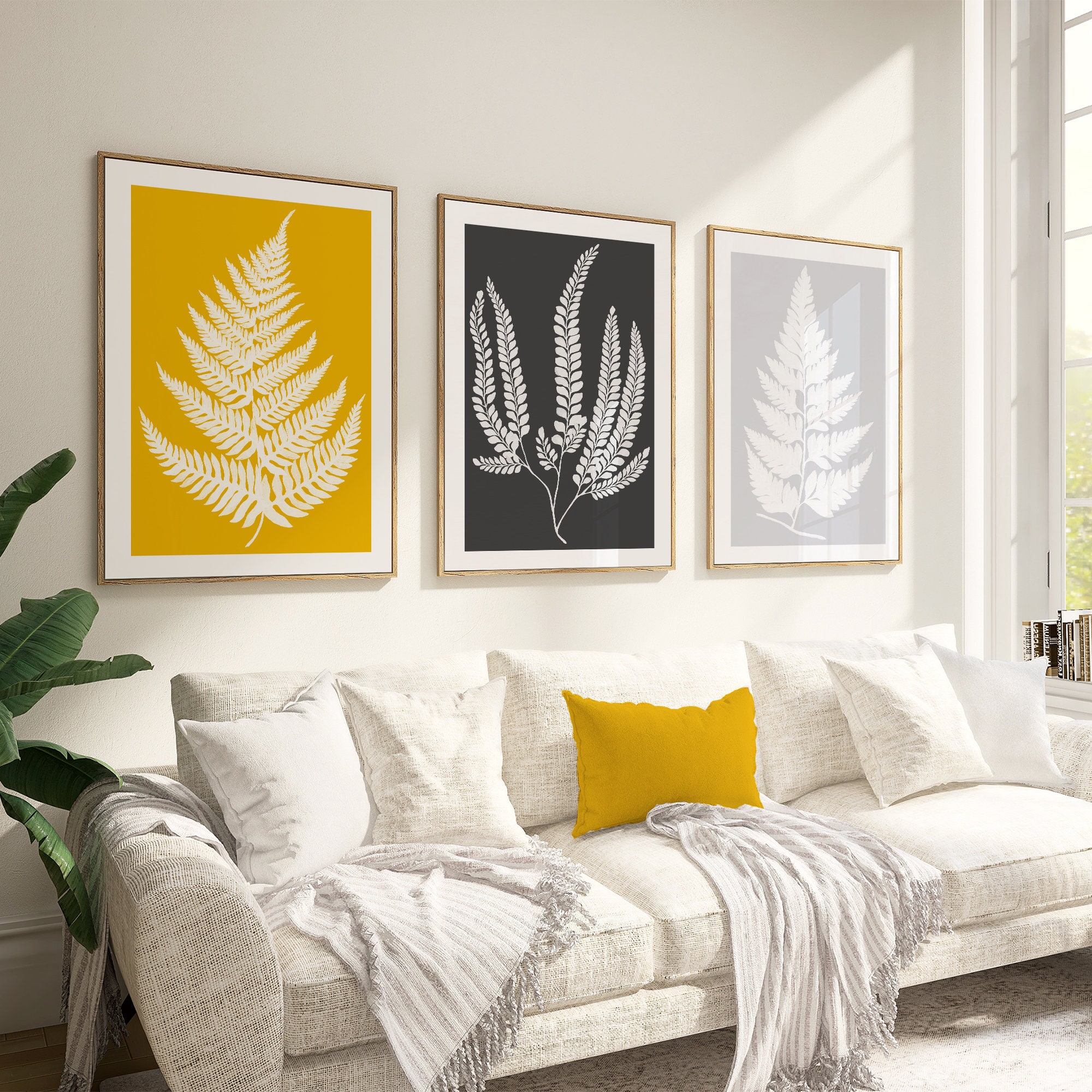Set of 3 Mustard Yellow and Grey Leaf Prints Mustard Wall - Etsy