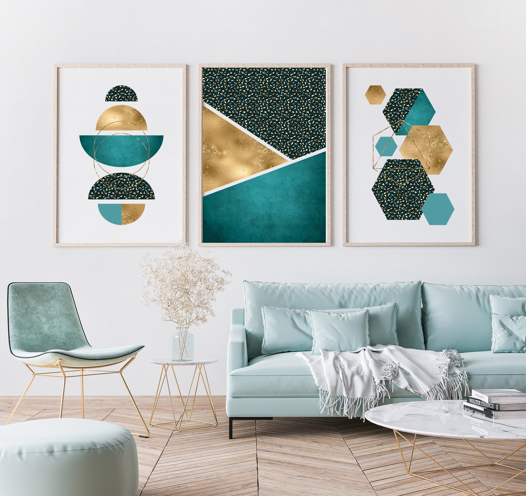 Set of 3 Teal and Gold Wall Art Teal and Gold Wall Art Teal Etsy