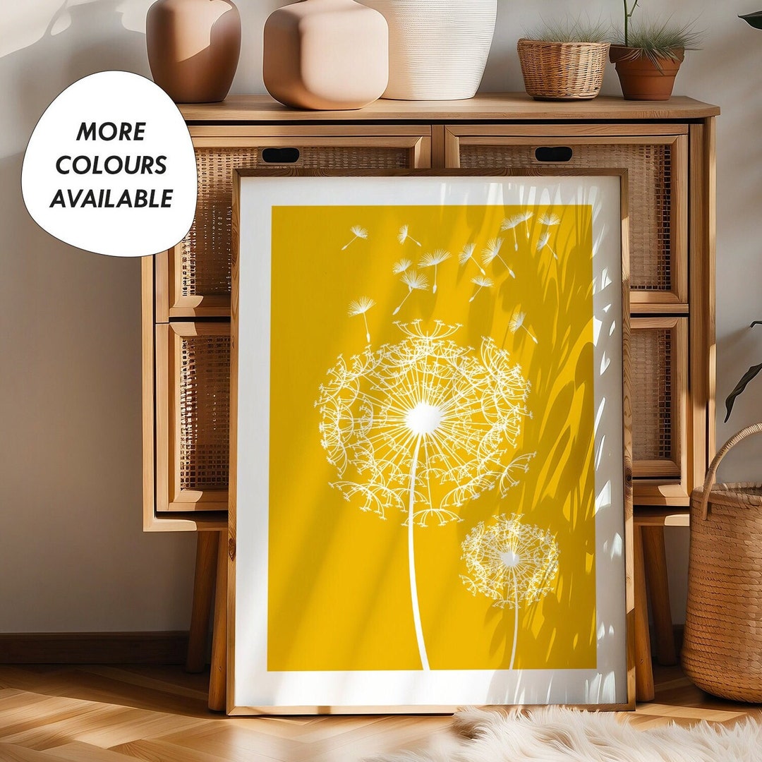 Yellow Dandelion Print, Yellow Wall Art, Mustard Wall Decor, Dandelion