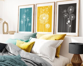 3pc Teal and Yellow Dandelion prints, Teal wall art, teal and yellow wall art,  Dandelion art, teal home decor, Mustard Wall Art, Teal gift