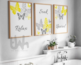 Kunst Badezimmer Wand Deko: Gelb & Grau Schmetterling Drucke - Spa Decor (3er Set)