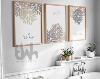 Relax Soak Unwind Bathroom Print Set: Minimalist Spa Decor