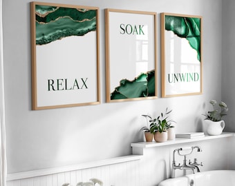 Green and Gold Bathroom Prints: Relax Soak Unwind Wall Art